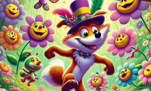 Wally, a small wolf with soft, shiny fur, wears a purple hat adorned with colorful feathers. He has sparkling eyes and a big smile as he dances enthusiastically in a field of dancing flowers. The daisies, white flowers with smiling faces and arms, twirl around him, laughing and singing with joy. Bella, a beautiful butterfly with multicolored wings, joyfully flies above them, her eyes shining with excitement. The setting is an enchanted forest filled with twisted trees and brightly colored leaves, with sunlight filtering through the foliage, creating a magical atmosphere. The main scene shows Wally and his friends dancing, surrounded by flowers swaying to joyful music, while a giant rubber chicken makes a comical entrance, adding a touch of absurdity to this playful scene.