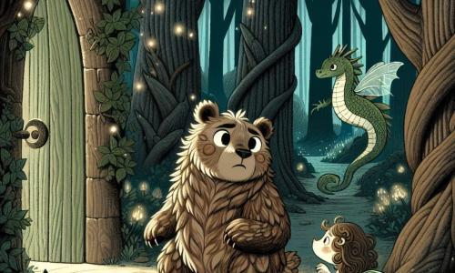 Într-o pădure întunecată și misterioasă, un urs numit Bulu, cu blana marmorat de maro deschis și ochii strălucitori de curiozitate, stă în centrul imaginii, având o expresie atât curajoasă, cât și îngrijorată, în timp ce împinge o ușă veche din lemn acoperită de iederă. Lângă el, o siluetă amenințătoare, un dragon miniatural cu solzi verzi și ochi strălucitori, îl observă pe Bulu cu un zâmbet șiret, pregătit să-l provoace, în timp ce o sirenă cu un chip blând și părul ondulat, ieșind din umbră, îl încurajează cu o privire admirativă. Decorul este o poiană fermecată, scăldată într-o lumină difuză, unde copacii cu trunchiuri răsucite se ridică ca niște giganți tăcuți, iar solul este presărat cu flori luminescente care iluminează întunericul din jur. Scena reprezintă momentul în care Bulu, hotărât să-și dovedească curajul, se pregătește să intre într-o lume necunoscută, în fața unor creaturi fantastice, gata să facă față provocării care îl așteaptă.