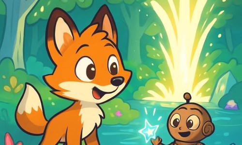 Ein junger Fuchs mit leuchtendem Fell, namens Fresco, steht am Ufer eines glitzernden Sees, seine Augen strahlen vor Neugier und Staunen. Mit spitzen Ohren und einem buschigen Schwanz, der aufgeregt aufgerichtet ist, beobachtet er einen wunderschönen Wasserfall aus magischem Licht, der aus einer versteckten Quelle hinter leuchtenden Bäumen sprudelt. In der Nähe steht ein kleines mechanisches Wesen, der Tüftler, auf einem Stein, mit sichtbaren Zahnrädern und funkelnden Augen. Stolz hält er ein kleines glänzendes Gerät in den Händen, bereit, Fresco die Wunder der Magie zu zeigen. Der Ort ist eine verzauberte Lichtung, umgeben von großen Bäumen mit silbernen Stämmen, deren Äste sich wie einladende Arme ausstrecken. Bunte Blumen und funkelnde Kristalle bedecken den Boden, während ein sanfter, leuchtender Nebel in der Luft tanzt. Fresco entdeckt die Quelle der Magie, fasziniert von den Lichtreflexen im Wasser, während der Tüftler ihn ermutigt, die Geheimnisse dieser faszinierenden Welt zu erkunden.