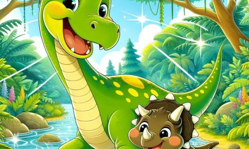 Un diplodocus grande y amigable, llamado Dino, está en un arroyo brillante, con una amplia sonrisa en su rostro alegre. Su cuerpo es verde con manchas amarillas, y tiene un largo cuello que se estira hacia el cielo. A su lado, un pequeño triceratops llamado Tico, con piel marrón y cuernos blancos, salpica agua riendo, con los ojos brillando de felicidad. La escena se desarrolla en una jungla exuberante, llena de árboles gigantes con hojas verdes y brillantes, y flores coloridas que añaden un toque de magia. El sol filtra a través del follaje, creando juegos de luz sobre el agua clara del arroyo. Dino y Tico se divierten juntos, chapoteando en el agua y riendo por las salpicaduras, ilustrando una hermosa amistad entre dos dinosaurios en un mundo prehistórico encantador.