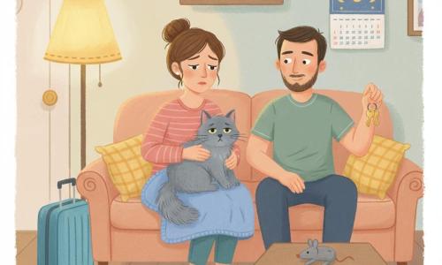 Milo, gatto grigio dal pelo morbido e coda folta, è seduto al centro del divano, occhi socchiusi e sguardo insieme preoccupato e sereno, strofinandosi contro le ginocchia dei suoi due umani. La mamma Sara, trentenne con capelli castani raccolti in uno chignon, ha un'espressione dolce e un po' triste, accarezza Milo con la mano sinistra e tiene una piccola coperta di pile blu sulle ginocchia. Il papà Luca, trentenne con barba corta e abiti semplici, sorride timidamente, mano destra vicino a Milo e mano sinistra che mostra un portachiavi con due chiavi lucenti sulle sue ginocchia. Il divano è al centro di un salotto caldo illuminato da una lampada gialla, con una valigia trolley blu aperta vicino alla porta, un giocattolo a forma di topolino di stoffa sul tavolino e un calendario murale con lune colorate sopra una mensola. Atmosfera tenera e contenuta: due adulti separati ma attenti condividono un momento calmo attorno al gatto; colori pastello, texture di gouache, pennellate morbide e luce calda, composizione centrata e intima.