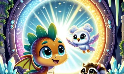 Un pequeño dragón con escamas brillantes como estrellas, grandes ojos curiosos y una sonrisa maravillada, se encuentra frente a un portal luminoso lleno de colores vivos. A su lado, un zorro eléctrico con pelaje brillante y ojos chispeantes observa el portal con curiosidad. Un pájaro de plumas esponjosas vuela ligeramente sobre ellos, mostrando una mirada decidida. El lugar es una cueva misteriosa con paredes cubiertas de lianas verdes y cristales brillantes que reflejan la luz del portal, creando una atmósfera mágica. La escena muestra al dragón y sus amigos listos para entrar en un portal temporal, simbolizando su inminente aventura en un mundo medieval lleno de magia y misterios.