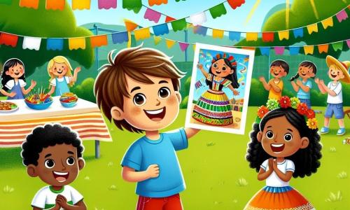 Um menino de 8 anos, Lucas, com cabelos castanhos e olhos brilhantes, está no centro da imagem, sorrindo com orgulho enquanto segura um desenho colorido representando uma grande festa multicultural. Ele usa uma camiseta azul e um short vermelho, e seu rosto expressa alegria e empolgação. Ao seu lado, Ana, uma menina de 8 anos com cabelos negros e cacheados, vestida com um vestido tradicional mexicano colorido, aplaude com entusiasmo. Ela tem um grande sorriso e parece feliz por participar da celebração. Um pouco mais longe, Tomás, um menino de 9 anos, originário de Angola, com pele escura e cabelos crespos, dança alegremente, vestindo uma camiseta verde e uma calça bege. Ele está cercado por outras crianças que o incentivam. O local é um pátio escolar ensolarado, decorado com bandeirinhas coloridas e mesas cheias de pratos típicos do mundo todo. Árvores verdes cercam o fundo, e crianças de diferentes origens brincam juntas, criando uma atmosfera festiva e alegre. A cena principal mostra Lucas, Ana e Tomás celebrando a diversidade cultural durante uma festa escolar, onde cada um compartilha suas tradições e talentos, ilustrando a importância da unidade e do respeito entre as diferentes culturas.