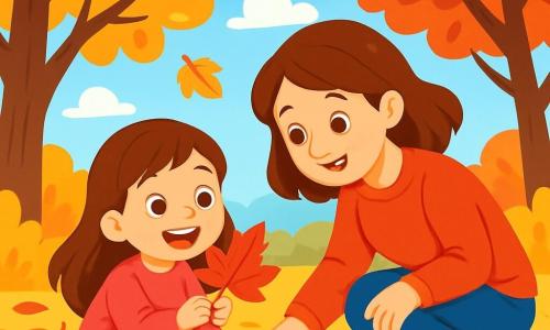Una bambina di 6 anni, con lunghi capelli castani e occhi scintillanti di gioia, è accovacciata in un giardino pieno di foglie autunnali dai colori vivaci: rossi, arancioni e gialli. Sorride ampiamente, tenendo una foglia rossa tra le mani, meravigliata dalla sua bellezza. Accanto a lei, la mamma, una donna di circa trent'anni con capelli castani e un sorriso caloroso, si piega per raccogliere un'altra foglia, condividendo questo momento felice con la figlia. Il giardino è un luogo incantevole, con alberi maestosi dalle foglie colorate, un cielo azzurro chiaro e un dolce sole autunnale che illumina la scena. La situazione principale mostra la bambina e la mamma esplorare il giardino, ridendo e giocando tra le foglie, creando un'atmosfera di felicità e scoperta nel cuore dell'autunno.