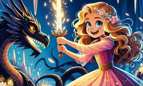 La principessa Livia, una ragazza di circa 12 anni, ha lunghi capelli dorati che cadono in riccioli intorno al suo viso sorridente. Indossa un vestito rosa brillante decorato con fiori scintillanti, e i suoi occhi brillano di una gioiosa determinazione mentre brandisce una spada luminosa, pronta ad affrontare il drago. Al suo fianco c'è il Drago Nero, una maestosa creatura con squame nere brillanti e occhi dorati, che la guarda con curiosità, con le sue grandi ali spiegate dietro di lui. Lo sfondo è una caverna misteriosa, con stalattiti scintillanti e ombre danzanti create dalla luce della lama di Livia. La scena trasmette un'atmosfera di tensione mescolata a speranza, mentre la principessa e il drago si fronteggiano, pronti a scoprire la verità dietro il loro incontro.