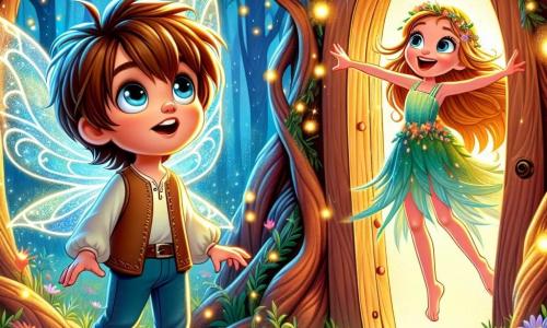 Leo, a young boy with brown hair and sparkling eyes, stands in front of a magical door hidden behind a tree. He has a look of wonder on his face, arms open, ready to enter an enchanted world. Beside him, a small fairy with shimmering wings, about 8 years old, joyfully flies. She has long golden hair and wears a dress made of flower petals, excitedly pointing to the door, inviting Leo to enter. The setting is a fairy-tale forest with twisted tree trunks and shiny leaves, illuminated by fireflies, with colorful flowers everywhere, creating a magical atmosphere. The main scene shows Leo discovering the secret door, surrounded by light and magic, ready to embark on an incredible adventure in this fairy world.
