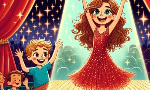 Ein 9-jähriges Mädchen, Lina, mit langen braunen Haaren und funkelnden Augen, trägt ein glitzerndes rotes Kleid. Sie tanzt fröhlich auf einer Holzbühne, ihr Gesicht strahlt vor Vertrauen und Glück. Ihre Arme sind erhoben, und sie lächelt breit, was die Aufmerksamkeit des Publikums fesselt. In der Nähe ermutigt ihr bester Freund Max, ein 9-jähriger Junge mit zerzausten blonden Haaren und einem blauen T-Shirt, sie mit einem großen Lächeln. Er steht am Rand der Bühne, die Hände zum Applaudieren erhoben, und zeigt damit seine bedingungslose Unterstützung. Der Ort ist eine bunte Schulaufführungshalle mit roten Vorhängen und funkelnden Lichtern, die die Bühne beleuchten. Kinder und Eltern sitzen im Publikum, ihre Gesichter sind voller Bewunderung und Aufregung. Die Hauptsituation zeigt Lina, die leidenschaftlich tanzt, ihre Angst überwindet und ihre Freude mit dem Publikum teilt, während Max sie begeistert anfeuert und eine Atmosphäre der Unterstützung und Feierlichkeit schafft.
