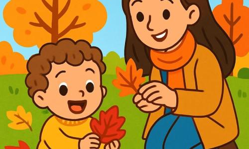 A 2-year-old boy with curly hair and sparkling eyes joyfully smiles while holding a bright red autumn leaf in his small hands. He wears a yellow sweater and blue pants, sitting on the green grass surrounded by colorful leaves. His mother, a woman in her thirties with long brown hair and a warm smile, stands beside him, showing him more leaves. She wears an orange scarf and a light coat. The garden is filled with trees with vibrant leaves in shades of orange, red, and yellow. The sky is a clear blue with a few white clouds drifting gently. In this scene, the little boy discovers the beauty of autumn leaves, amazed by the vivid colors around him, while his mother encourages him tenderly.