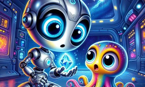 In het midden van de afbeelding kijkt Nova, een kleine robot met zilveren reflecties en felblauwe ogen, verwonderd naar een schitterende kristal dat pulserend licht in zijn hand uitstraalt. Zijn gezicht toont intense nieuwsgierigheid, terwijl zijn metalen armen naar het kristal reiken. Aan zijn rechterkant observeert Zira, een octopus met levendige kleuren en ondeugende ronde ogen, het kristal met een mix van opwinding en intrige. Ze zit op de grond, haar kleurrijke tentakels om haar heen spreidend, klaar om Nova te helpen. De achtergrond is een oude gang van het ruimtebasis Zirkon, met glanzende metalen muren, knipperende lichten en futuristische controlepanelen. Sterren twinkelen door grote ramen, wat een magische sfeer toevoegt. De hoofdscène toont Nova die het mysterieuze kristal ontdekt, terwijl Zira nieuwsgierig dichterbij komt, beiden verdiept in het verkennen van een intergalactisch geheim.