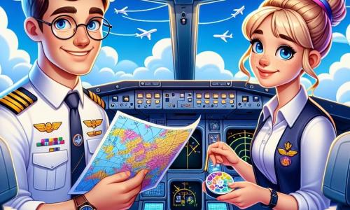 Um piloto de avião, um homem de cerca de trinta anos, com cabelos castanhos e óculos redondos, sorri com confiança enquanto segura um grande plano de voo colorido. Ele veste uma camisa azul e uma jaqueta de piloto adornada com medalhas brilhantes. Ao seu lado, uma jovem chamada Lara, de aproximadamente 25 anos, com cabelos loiros presos em um coque, examina ferramentas em uma pequena caixa de ferramentas, exibindo uma expressão concentrada e determinada. O cenário se passa no cockpit de um avião moderno, com instrumentos luminosos, telas piscando e janelas que oferecem uma vista espetacular de um céu azul salpicado de nuvens brancas. A cena principal mostra o piloto e Lara se preparando para o voo, trocando ideias para garantir uma viagem confortável para os passageiros, com sorrisos cúmplices e uma atmosfera de cooperação alegre.
