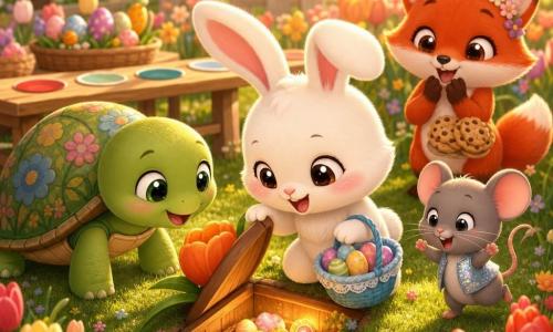 Pip, a small white chibi rabbit with big ears and rosy cheeks, kneels proudly and gently opens a tiny wooden hatch hidden beneath an orange tulip while holding a blue basket of painted eggs; Tilly, a green chibi turtle with a floral shell, smiles supportively from Pip's left with a paw on the ground; Nora, a red chibi fox with mischievous eyes, applauds joyfully from the right holding cookies; Squeak, a gray chibi mouse in a shiny vest, jumps excitedly near the tulips; the bright spring garden—vivid green grass, multicolored tulip beds, carrot garlands and a painted wooden table for sorting eggs—glows in warm late-afternoon light as the hatch reveals a glowing basket of treats, friends sharing a tender, joyful moment with soft, saturated pastel colors.