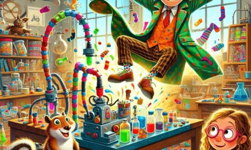 A man with messy green hair, wearing giant round glasses and a colorful coat full of pockets, jumps for joy in his workshop. His face radiates excitement, with a big smile and sparkling eyes. Next to him, a mischievous little squirrel with bright eyes and a bushy tail curiously observes the ongoing inventions. In a corner, a 7-year-old girl with curly hair and a polka dot dress holds a roll of paper and sketches ideas to help the inventor. The workshop is a chaotic place, filled with strange machines, colorful tubes, and piles of quirky patterned socks. Bright splashes of color illuminate the space, while tools are scattered across wooden tables. In this scene, Professor Puddle is showcasing his amazing invention, the Super Sock Sorter, which spins and flashes, ready to sort socks in a fun and whimsical way.