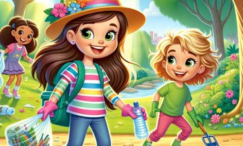 Una bambina di 6 anni, Sofia, con lunghi capelli castani e occhi scintillanti, indossa un bel cappello colorato e una maglietta a righe. Sorride con entusiasmo, tenendo uno zaino pieno di forniture per pulire il parco. Accanto a lei, un ragazzo di 7 anni, con capelli biondi spettinati e una maglietta verde, raccoglie rifiuti con guanti da giardinaggio, mostrando un'espressione determinata. Un'altra bambina, di 6 anni con capelli ricci e un vestito rosa, si avvicina con un grande sorriso, tenendo una bottiglia d'acqua e un sacchetto di plastica per raccogliere i rifiuti. Il luogo è un parco verdeggiante, pieno di alberi maestosi, fiori colorati e un prato ben curato. I raggi di sole filtrano tra le foglie, creando ombre danzanti sul terreno. La scena principale mostra Sofia e i suoi amici mentre puliscono il parco, ridendo e incoraggiandosi a vicenda, mentre raccolgono rifiuti e decorano il luogo con disegni colorati sul pavimento. L'atmosfera è gioiosa e piena di energia, illustrando il loro impegno a proteggere la natura.