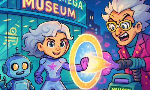 Starlight Nova, a 13-year-old young heroine, stands proudly at the center of the image, wearing a shimmering silver suit adorned with purple and blue patterns. Her curly silver hair flows in the wind, and her eyes shine with bright determination. She is ready to face danger, displaying an expression of courage and confidence. Next to her is Captain Robo, a friendly medium-sized robot with a shiny metallic appearance and glowing eyes, smiling as he raises an arm to showcase a futuristic gadget, ready to assist Starlight Nova in her mission. The backdrop features the Techno-Mega Museum, a futuristic building with transparent glass walls, illuminated by colorful neon lights sparkling in the air. Incredible inventions are displayed inside, visible through the large windows. The main scene shows Starlight Nova confronting Dr. Mischief, a man with messy hair and a flashy outfit filled with blinking buttons. He is activating his Memory Magnet, a strange machine that sucks up memories, while Starlight Nova prepares to stop him with a shimmering light shield. The atmosphere is tense, full of energy and suspense.