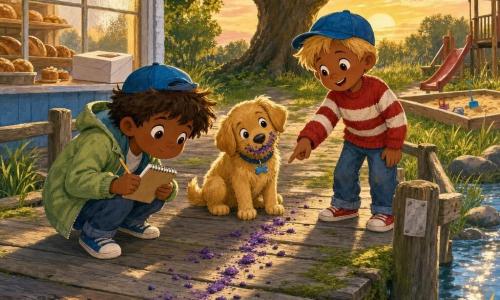 Three characters: Ben, about 6, tousled brown hair, small blue cap, light green coat, crouched front left holding a notebook and pencil, concentrating on the ground; Milo, about 6, blond hair, matching cap, red-and-white striped sweater, standing to Ben’s right, pointing at a trail of blue-purple crumbs with a curious smile; Pip, a male golden puppy with purple jam-speckled muzzle and a blue collar with a bone pendant, sitting between them with his head tilted. They are on a weathered wooden pier over a sparkling stream with low railing, mossy boards, a bakery visible to the left and a large oak in the distance at sunset, tall grasses and a sandbox to the right. Main action: the two little detectives follow the line of blue-purple crumbs leading to the puppy; warm light, vivid colors, visible textures, surprised and conspiratorial expressions, composition centered on the crumb trail to Pip.