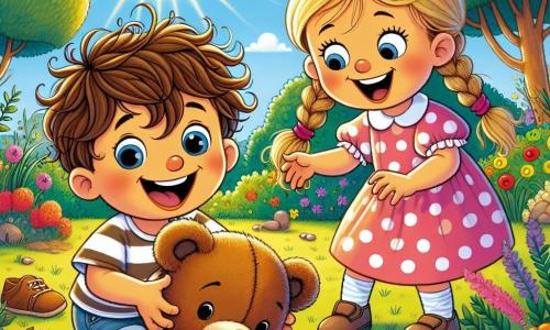 A 4-year-old boy named Tommy, with messy brown hair and big sparkling eyes full of curiosity, is crouched in the garden holding a brown bear stuffed animal. He has a joyful and excited expression as he searches for his friend Teddy. Next to him is his best friend Lily, a 4-year-old girl with braided blonde hair wearing a polka-dot pink dress, encouraging him with a big smile and hands on her hips, ready to help in their search. The garden is filled with colorful flowers, large green trees, and a bush where Teddy might be hiding. The sun shines in a clear blue sky, creating a cheerful atmosphere. The main scene shows Tommy and Lily actively searching for Teddy, with clues like a small piece of string and a paw print on the ground, illustrating their adventure as little detectives.