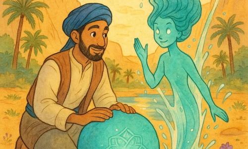 Um homem chamado Amir, cerca de 30 anos, visage moreno, barba curta, cabelos negros sob um turbante azul, sorrindo sereno com a mão direita sobre uma grande Pedra da Serenidade redonda e brilhante que emite luz turquesa; ao lado, uma mulher-espírito da água, aparência de cerca de 20 anos, corpo translúcido azul-esverdeado, cabelos longos como algas e olhos luminosos, emerge parcialmente de um jato d'água ao lado da pedra e ergue a mão em gratidão; um pequeno besouro dourado de carapaça brilhante está em primeiro plano junto ao pé de Amir; o cenário é um oásis escondido numa vale entre falésias de areia dourada com palmeiras, tapetes de flores violetas, lagoas espelhadas ao pôr do sol e motivos geométricos inspirados nas Mil e Uma Noites gravados na pedra; tudo banhado por um pôr do sol alaranjado e toques de ouro, em estilo tinta colorida com traços suaves, paleta ocre-turquesa-violeta, texturas de papel aquarela e ornamentos arabescos com pequenos brilhos dourados.