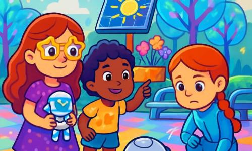 Há 3 personagens: - Luna: uma menina de 6 anos com cabelos longos e ondulados e óculos em forma de estrela. Ela usa um vestido violeta brilhante e segura um pequeno robô nas mãos. - Bia: uma menina de 6 anos com cabelos curtos e cacheados, vestindo uma camiseta amarela com estampas de sol. Ela está apontando para um painel solar piscante. - Sol: uma menina de 6 anos com cabelos lisos e uma trança, vestida com uma combinação futurista azul. Ela está agachada, examinando um robô adormecido no chão. O local é o parque central de LuminaCidade, um espaço vibrante com árvores de vidro que brilham ao sol. Drones coloridos voam acima, enquanto luzes multicoloridas dançam sobre os pavimentos. No centro, um grande painel solar pisca, cercado por flores luminosas e bancos futuristas. A cena principal mostra as três amigas, intrigadas e curiosas, se aproximando de um robô adormecido no chão, com expressões de determinação em seus rostos. Elas estão perto do painel solar piscante, prontas para resolver o mistério da parada dos robôs em sua cidade futurista.