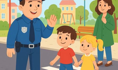 Un polițist de circa 40 de ani, cu față rotundă și zâmbitoare, în uniformă albastru vivid și șapcă, cu o placă argintie strălucitoare, oprește traficul cu gest benevolent; un băiat de 8 ani, cu păr șaten scurt, ține de mână o fetiță de 6 ani cu cozi blonde; ei privesc polițistul și traversează încrezători, zâmbind; o femeie de 30–35 de ani, mama, în palton verde, îi supraveghează de pe trotuar lângă o bancă, ușurată; loc: o stradă de cartier însorită cu treceri de pietoni albe, stâlpi colorați, clădiri joase în tonuri pastel, copaci și un loc de joacă; situație: polițistul ajută copiii să treacă în siguranță în timp ce mașinile se opresc la linia albă, atmosferă clară și liniștitoare, culori calde și forme simple pentru copii.