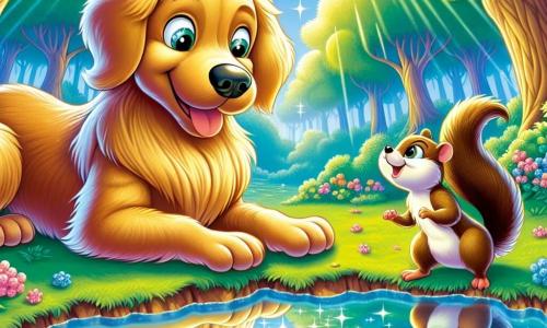 A cheerful golden retriever named Benny, with shiny golden fur and sparkling curious eyes, stands at the edge of a sparkling enchanted pond, his expression filled with wonder as he gazes at his reflection in the water. Beside him, a mischievous little squirrel named Sammy, with brown fur and a bushy tail, jumps for joy, his front paws raised in excitement. In the background, a magical forest looms, with majestic trees and vibrant green leaves, and colorful flowers dancing in the breeze, while rays of sunlight filter through the branches, creating a fairy-like play of light. The scene depicts Benny and Sammy making a wish together by the pond, ready to discover the magic that awaits them.