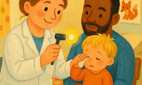 Een jonge glimlachende vrouwelijk arts met rond gezicht en warme ogen draagt een licht gekreukte witte jas en houdt in haar rechterhand een klein medisch lampje; ze heeft lichtbruin haar in een slordige knot, roze wangen en een zachte, geruststellende uitdrukking. Een tweejarige mollige jongen met warrig blond haar zit op de schoot van zijn vader en wrijft met zijn linkerhand in zijn oog. De vader, een man in de dertig met korte baard en een blauwe trui, houdt het kind links van de arts vast en kijkt vriendelijk. De scène speelt zich af in een knusse onderzoeksruimte met crèmekleurige muren, een stippengordijn, een houten stoel, een onderzoeksbed met geruit deken en een kleurrijke dierenposter. Hoofdsituatie: de arts onderzoekt voorzichtig het oog van het kind met haar kleine lampje en maakt het schoon met een vochtig doekje, in een kalme, lichte sfeer met warme kleuren en dikke gouacheachtige texturen.