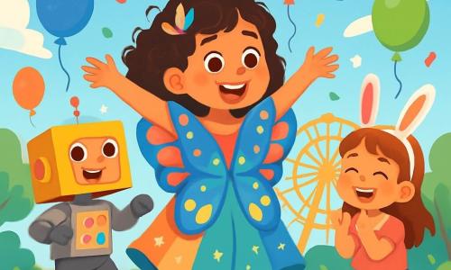 Una niña de 8 años, con cabello rizado y un vestido brillante de mariposa, sonríe con asombro, sus ojos brillan de alegría. Ella baila alegremente en medio de un parque colorido, rodeada de guirnaldas multicolores y globos flotantes. A su lado, un niño de 7 años, vestido de robot con un casco de cartón, hace movimientos de baile divertidos, mientras que una niña de 6 años, disfrazada de conejo con orejas de fieltro, aplaude riendo. El parque está lleno de risas, confeti y decoraciones festivas, con una noria iluminada al fondo. La escena muestra a los tres amigos celebrando el carnaval, rodeados de colores vivos y un ambiente alegre, listos para vivir una aventura mágica juntos.