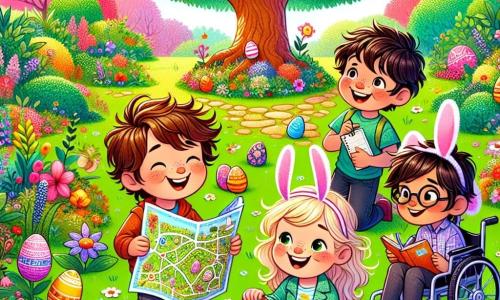 En un jardín colorido, cuatro amigos están juntos, listos para su gran búsqueda de huevos de Pascua. Lucas, un niño de 11 años con el cabello castaño y una gran sonrisa, está en el centro, sosteniendo un mapa dibujado a mano. A su derecha, Sofía, una niña de 10 años con cabello largo y rubio, lleva orejas de conejo y dibuja flores en su cuaderno. A la izquierda, Tomás, un niño de 11 años con gafas y cabello negro, mira debajo de un arbusto con determinación. Finalmente, Ana, una niña de 10 años en silla de ruedas, sonríe alegremente mientras sostiene una pequeña cesta, lista para recoger huevos. El jardín está lleno de flores coloridas, árboles verdes y un gran roble en el centro, donde brillan huevos de chocolate al sol. Mariposas vuelan alrededor, añadiendo un toque de magia a la atmósfera festiva. Los amigos buscan el huevo de Pascua más grande, explorando debajo de los arbustos y detrás de los árboles, llenos de emoción y anticipación.