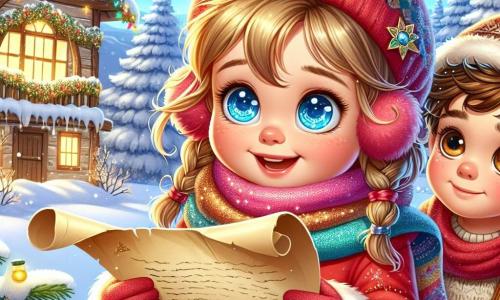 Una niña de 5 años, llamada Sofía, con grandes ojos azules y trenzas doradas, sonríe maravillada mientras sostiene una carta antigua en sus manos. Lleva un abrigo rojo brillante y una bufanda de lana colorida, y se encuentra en medio de un hermoso paisaje nevado. A su lado, un niño de 6 años, Tomás, con el cabello castaño desordenado y un gorro de lana, observa la carta con curiosidad. Al fondo, una cabaña acogedora, decorada con luces y rodeada de altos abetos cubiertos de nieve, brilla bajo un cielo estrellado. La escena representa el momento en que Sofía y sus amigos descubren la carta para Papá Noel, llenos de emoción y esperanza, listos para vivir una aventura navideña inolvidable.