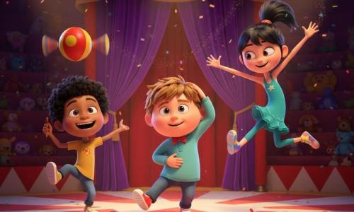 Tres niños de 6 años actúan en la pista del circo: Nico, rostro redondo con pequeñas pecas y pelo castaño claro alborotado, sonriente y algo nervioso, mano derecha en la cabeza y izquierda en el vientre, hace una pirueta en el centro; a su derecha Lila, delgada y ágil con coleta negra y zapatos coloridos, da un gran salto de rana mientras una zapatilla vuela; a la izquierda Tomás, de rizos negros, sostiene un diábolo rojo y amarillo que gira alto; la pista tiene alfombra a rayas roja y blanca, cortina de terciopelo púrpura entreabierta, focos cálidos, confeti en las gradas y una atmósfera festiva y algo caótica.