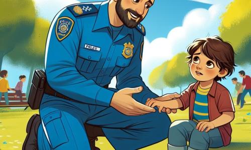 A police officer, a robust man in his thirties wearing a bright blue uniform and a warm smile, is kneeling beside a small boy. His face shows compassion and determination as he reaches out to reassure the child. The little boy, Tommy, a 6-year-old with messy brown hair and tear-filled eyes, sits on a swing, looking at the officer with a mix of fear and hope. The scene takes place in a sunny park filled with lush trees and colorful flowers, with children playing in the background and a clear blue sky dotted with fluffy white clouds. The main situation depicts the officer helping the lost boy find his mother, creating a moment of comfort and safety within the community.