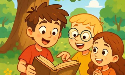 Een 10-jarige jongen, Sam, met rommelig bruin haar en nieuwsgierige ogen, houdt een oud, stoffig boek in zijn handen en toont een uitdrukking van opwinding en verrassing. Naast hem staat zijn vriend Finn, ook 10 jaar, met blond haar en ronde bril, breed lachend terwijl hij naar een mysterieuze kaart in het boek wijst. Iets verderop kijkt Lisa, een 10-jarig meisje met lang, krullend haar, aandachtig naar het boek met glinsterende ogen van enthousiasme. De scène speelt zich af in een groene park vol majestueuze bomen en kleurrijke bloemen, met een grote eik in het midden waar de kinderen zich hebben verzameld. Stralen zonlicht filteren door de bladeren en creëren lichte patronen op de grasvloer. De drie vrienden ontdekken samen een mysterieuze kaart die hen naar een ongelooflijk avontuur zou kunnen leiden, met opwinding op hun gezichten, klaar om de geheimen van het park te verkennen.