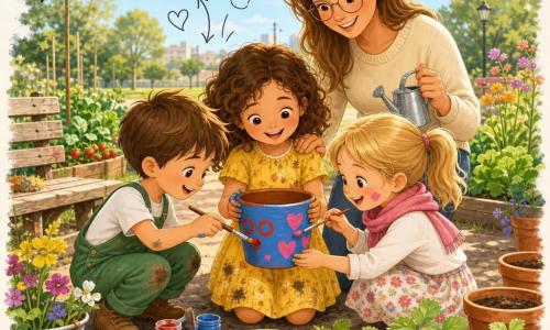 Quattro personaggi: Sofia, bambina di circa 5 anni con capelli castani ricci e vestito giallo sporco di terra, tiene delicatamente un piccolo vaso di terracotta dipinto di blu al centro; Marco, bambino di circa 5 anni con capelli corti castani e salopette verde, accovacciato a sinistra e dipinge cerchi rossi sul vaso; Lea, bambina di circa 5 anni con coda di cavallo bionda, sciarpa rosa e gonna a fiori, a destra disegna cuori rosa sorridendo; la mamma, donna di circa 30 anni con capelli castano chiaro lisci, maglione crema e occhiali sottili, sta dietro Sofia con una mano rassicurante sulla spalla e un piccolo annaffiatoio in metallo; luogo: un giardino condiviso luminoso ai margini di un piccolo parco con aiuole di verdure, file di fragole, vasi di terracotta allineati, terra scura, panchina di legno invecchiata, cielo azzurro chiaro e fiori vivaci; situazione: i bambini dipingono e piantano un "seme d'amore" nel vaso decorato, scene di pennelli, terra, sacchetti di semi, risate e tracce di pittura sulle mani, con piccoli doodle sovrapposti (cuori, mani, stelline) attorno al vaso per un tono affettuoso, colori caldi e luce di tardo pomeriggio, composizione centrata sul vaso e sui volti felici.
