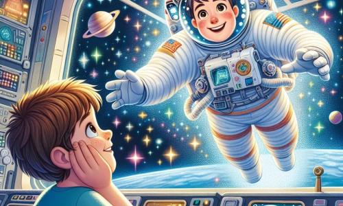 Astronauta Tomek unosi się radośnie w przestrzeni kosmicznej, ubrany w duży biały skafander z kolorowymi detalami. Jego twarz jest widoczna przez hełm, na której maluje się szeroki uśmiech zachwytu, gdy patrzy na migoczące gwiazdy wokół. W pobliżu, 8-letni chłopiec Julek z rozwichrzonymi brązowymi włosami i błyszczącymi oczami siedzi przed ekranem w stacji kosmicznej. Ma na sobie niebieską koszulkę i okulary, z podziwem patrzy na Tomka, trzymając ręce na policzkach. Scena rozgrywa się w futurystycznej stacji kosmicznej z dużymi oknami, oferującymi spektakularny widok na ogrom przestrzeni. W tle widać jasne panele kontrolne i instrumenty naukowe, dodające technologicznego charakteru otoczeniu. Tomek i Julek dzielą magiczny moment, w którym Tomek tłumaczy Julkowi, jak bada gwiazdy, podczas gdy wokół nich świecą jasne gwiazdy i kolorowe planety.