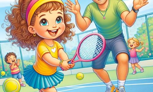 A 2-year-old girl named Lila, with curly hair and sparkling eyes, joyfully smiles while holding a pink tennis racket. She wears a bright yellow t-shirt and a blue skirt, and she is about to hit a bouncing tennis ball in front of her. Next to her is Coach Sam, a tall and smiling man in his 30s with brown hair and a cap, encouraging her with open arms. The scene takes place on a sunny tennis court surrounded by greenery, with well-defined white lines and a bright blue sky. Lila's friends are playing in the background, laughing and having fun. Lila is focused and energetic, ready to hit the ball enthusiastically while Coach Sam shows her how to position herself correctly.