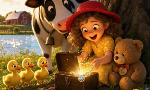 A delighted 4-year-old girl with curly chestnut hair and freckles in a yellow polka-dot dress and red hat kneels under a large oak, opening a small shiny wooden box that reveals a sparkling necklace; Mr. Cuddles, a brown teddy, leans against her right leg watching, a friendly black-and-white spotted cow stands left with its head tilted as if smiling, three yellow ducklings line the grass edge observing, in a sunny lakeside clearing with green grass, wildflowers, a distant red barn and an oak with visible roots and bright green leaves; the scene shows a magical discovery with soft light rays and golden sparkles around the treasure, faces amazed, centered composition, soft rounded 3D style, vivid contrasting colors, plush textures for the bear, smooth fur for the cow, and warm late-afternoon lighting.
