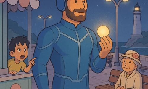 Um homem alto e atlético na casa dos 30, rosto bronzeado, barba curta e olhar determinado e benevolente, veste um traje azul-océano com linhas prateadas e capacete aberto; segura na palma da mão uma pequena esfera luminosa e quente e sorri levemente enquanto olha para o horizonte. À esquerda, um menino de cerca de 8 anos, cabelo preto desgrenhado, olhos arregalados de curiosidade, aponta a cena atrás de um quiosque de sorvetes, pronto para correr; veste camiseta amarela e short azul. À direita, uma mulher idosa de cerca de 70 anos, com chapéu florido e casaco creme, sentada num banco com as mãos juntas, observando aliviada e confiante. Ao fundo, a promenade costeira de Brumamar: calçadão de pedra clara, bancos de madeira, postes futuristas, alguns drones de entrega em voo e um antigo farol de pedra branca iluminando o mar. O herói acabou de conter uma grande esfera de energia; agora a esfera é pequena e calma na sua palma, os transeuntes estão tranquilos, é noite com reflexos prateados nas ondas e luzes quentes na cidade. Estilo: cores suaves, contrastes moderados, traços arredondados, texturas levemente granuladas, atmosfera heroica e serena.