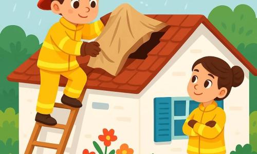 Um bombeiro homem, Miguel, com um capacete vermelho brilhante e um uniforme amarelo, está em cima do telhado de uma casa, com o rosto concentrado e determinado. Seus olhos são grandes e atentos, e um leve sorriso aparece em seus lábios, mostrando sua confiança. A seus pés, uma escada de madeira está encostada na parede, e ele segura um grande pedaço de lona para cobrir um buraco no telhado. Perto dele, Joana, uma bombeira de cerca de 30 anos, com cabelos castanhos presos em um coque e um uniforme similar, observa Miguel com admiração. Ela está de pé no gramado, com os braços cruzados, pronta para ajudá-lo se necessário. O local é uma charmosa casa branca com janelas azuis, cercada por flores coloridas e um jardim verdejante. O céu está nublado, mas a chuva começa a se acalmar, deixando gotas cintilantes nas folhas. A situação principal mostra Miguel consertando o telhado, usando o tecido para evitar que a água entre na casa, enquanto Joana o encoraja de maneira amigável, criando uma atmosfera de cooperação e coragem.