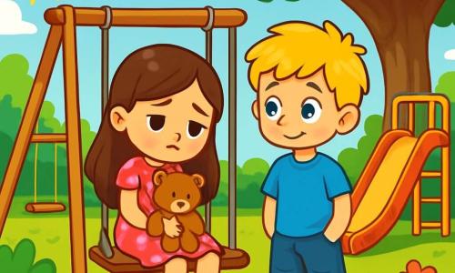 There are two main characters: Lucy, a 7-year-old girl with long brown hair and bright green eyes. She wears a pink dress with white polka dots and holds a small teddy bear against her chest. She is sitting on a swing with her legs dangling, looking sad. Max, a 7-year-old boy with tousled blonde hair and sparkling blue eyes, wears a blue t-shirt and denim shorts. He stands next to Lucy, hands in pockets, with a concerned and compassionate expression. The scene takes place in a sunny playground surrounded by lush trees and colorful flowers. Swings and a slide are in the background, while a majestic oak casts a gentle shadow on the ground. The main situation shows Lucy and Max sitting together on a swing, Lucy holding her teddy bear and looking down, while Max tries to cheer her up with an encouraging smile. Sunlight filters through the leaves, creating a warm and comforting atmosphere despite Lucy's sadness.