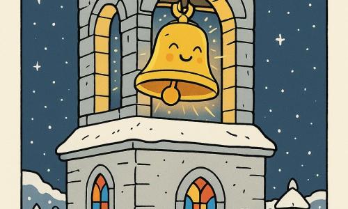 Benny the Bell, a round and golden character, hangs in the top of a bell tower, vibrating with joy and soft light. The bell tower is made of ancient stone, with stained glass windows casting red, blue, and golden reflections on the snow. Below, the little old bell tower, a secondary character, has white walls and a snow-covered roof, radiating warmth and kindness. The scene takes place in a sleepy village, wrapped in a coat of sparkling snow under a starry sky. Benny the Bell is gently ringing, spreading a magical melody that lights up the night and makes the snowflakes dance.
