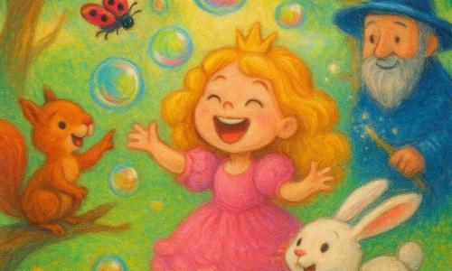 A joyful, mischievous little princess with honey-blond ringlets, a pink ruffled dress and a small crown laughs as she reaches for colorful bubbles; a small talking red squirrel (Tilly) with bright eyes stands on a low branch to the left pointing at a bubble, a white-eared rabbit boy (Benny) leaps in the foreground to the right ready to pop a bubble with his nose, a tiny red-and-black ladybug (Lulu) flutters nearby with shimmering wings, and an elderly wizard (Wally) with a short gray beard, oversized blue hat and squeaky shoes stands back smiling awkwardly while waving a wand that releases sparkling bubbles, all in the Laughing Glade — soft green grass dotted with flowers, round-trunked trees with spiral leaves and warm dappled sunlight; the scene is lively, colorful and full of floating multicolored bubbles.
