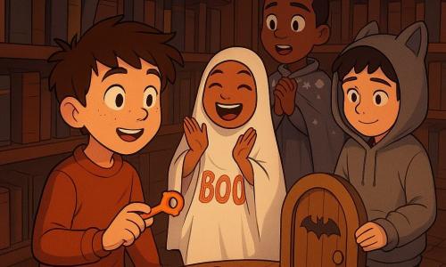 A round-faced 12-year-old freckled boy with messy brown hair, looking both amazed and determined, holds a small orange plastic key with a bat-shaped handle in front of a miniature door hidden among dark wooden library shelves; an ~11-year-old girl dressed as a cheerful ghost in a white sheet with a glittery 