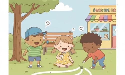 Three 8-year-olds play a bottle-cap race drawn in white chalk on grass in a sunny park: a brown-haired boy with a blue cap and green striped tee holds a blue bottle cap and smiles on the left, a light-brown-haired girl in pigtails and a yellow polka-dot dress sits center on the grass holding a lemonade with a pink straw and looks at the chalk track, and a curly black-haired boy in a red tee stands on the right leaning toward the track showing a green cap while holding white chalk. Behind them is a large oak casting a cut-out shadow, a wooden bench, and a colorful souvenir shop window with toy boats and shells; bright summer sky, warm, vivid colors, joyful expressions, clear composition for easy reading by a child.