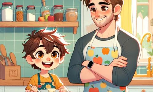 Een 8-jarig jongetje, Tim, met rommelig bruin haar en sprankelende ogen van vreugde, staat in een lichte keuken, omringd door ingrediënten om een heerlijke apple crumble te maken. Hij draagt een kleurr apron met fruitmotieven en heeft een grote glimlach op zijn gezicht, die zijn trots en opwinding toont. Naast hem kijkt zijn papa, een man van ongeveer 35 jaar met kastanjebruin haar en een lichte baard, met bewondering naar Tim, zijn armen over de borst gekruist. Hij draagt een casual t-shirt en een spijkerbroek, en zijn uitdrukking is vol tederheid en verrassing. De scène speelt zich af in een warme keuken, met pastelgele muren, planken vol kruidenpotten en een groot houten aanrecht waar appels, bloem en andere verspreide ingrediënten liggen. Het zonlicht valt door het raam en verlicht de kamer met een zachte gloed. De belangrijkste situatie toont Tim, geconcentreerd en blij, terwijl hij de ingrediënten in een grote kom mengt, terwijl zijn papa hem aanmoedigt met een trotse glimlach. Deze scène vangt de geest van Vaderdag, vol liefde en verbondenheid tussen vader en zoon.