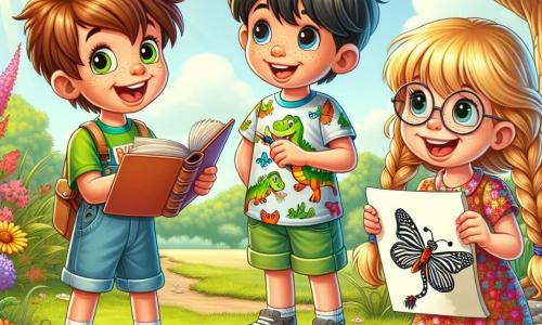 Un niño de 9 años, llamado Pablo, con cabello castaño desordenado y ojos brillantes de curiosidad, está en el centro de la escena, sonriendo y sosteniendo un libro abierto. Lleva una camiseta colorida con dibujos de dinosaurios y un short de mezclilla, mostrando entusiasmo por contar una historia. A su lado, una niña de 9 años, Ana, con largas trenzas rubias y gafas redondas, dibuja alas de cebra en un papel, concentrada en su tarea. Un niño más, Luis, también de 9 años, con cabello negro y pecas, está sentado en la hierba, riendo y escuchando a Pablo, mientras sostiene una pequeña cámara lista para grabar. La escena tiene lugar en un jardín soleado lleno de flores y árboles. Pablo, Ana y Luis están preparando su presentación sobre la verdad y la mentira, sumergidos en un momento de creatividad y amistad.