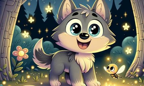 A little wolf named Wally, with soft gray fur and bright eyes, stands at the center of the scene, gazing in wonder at sparkling fireflies dancing around him. Wally has an expression of joy mixed with awe, his pointed ears perked up and his tail wagging with excitement. Next to him, Flick, a small glowing firefly, shines with a golden glow, happily floating in the air. Flick has a smiling face and delicate wings, seemingly encouraging Wally to explore the magic of the night. The scene takes place in an enchanted clearing, surrounded by tall, gnarled trees and flowering bushes, under a starry sky where stars sparkle like diamonds. The ground is dotted with nocturnal flowers gently opening, adding a touch of color to the darkness. Wally, with Flick by his side, discovers the beauty of the night, amazed by the display of fireflies and glowing mushrooms illuminating the clearing, transforming his fear of the dark into a magical adventure.