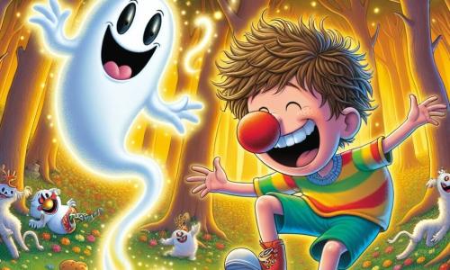 Um fantasma amigável chamado Zuzu, flutuando no ar, tem um corpo translúcido e vaporoso, com um grande sorriso e olhos brilhantes de malícia. Ele faz piruetas alegres, cercado por pequenas estrelas cintilantes. Ao seu lado, um menino de 9 anos chamado Léo, com cabelos castanhos bagunçados e vestindo uma camiseta colorida e shorts, ri às gargalhadas segurando um nariz de palhaço vermelho. Léo está em um chão coberto de flores multicoloridas, com árvores dançantes ao fundo. A cena se passa na Floresta Brilhante, uma floresta mágica onde as árvores têm rostos sorridentes e as flores parecem cantar, banhada por uma luz dourada do sol poente. Nessa situação, Léo e Zuzu se divertem fazendo os animais da floresta rirem, criando uma atmosfera alegre e cheia de risadas.