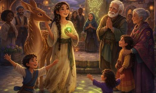 A personagem principal é Amara, jovem de rosto suave e olhos brilhantes, expressão emocionada, cabelos trançados com ramos, vestida com vestido de linho creme manchado de terra, segurando junto ao peito uma pedra de jade verde luminosa; ao seu lado, uma grande corça de pelagem cobreada e mechas douradas, olhar calmo e protetor, encostando o focinho na sua mão; aldeões reúnem-se na praça de pedras ao crepúsculo — um homem idoso de cabelos brancos com as mãos juntas e olhos marejados, uma mulher idosa de xale bordado com a mão no ombro de uma criança, e duas crianças correndo e rindo perto dos bancos; no centro da praça, uma grande laje de pedra com runas e lampiões de tecido pendurados, flores silvestres nos muros e colinas enevoadas ao fundo; a jade emite um brilho verde quente que projeta padrões sobre os paralelepípedos, criando uma atmosfera doce, mágica e festiva.