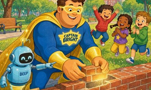 A heroic man, Captain Bright, smiling and confident with a round face, glowing mask, shimmering gold cape and shiny yellow boots, repairs a brick wall with large strong hands in a dynamic, generous pose; a small robot, Beep, about 1 m tall with a light-blue rounded metal body and friendly LED eyes buzzes beside the wall and points to the repair with an articulated arm; three children (boys 6 and 7 with short hair, girl 5 with braids) in colorful clothes applaud and smile; an urban park with soft green grass, wooden benches, round-leaved trees, a paved path, wildflowers and bright buildings in the background; joyful, reassuring scene with warm colors, strong contrast, soft lines and rounded contours.