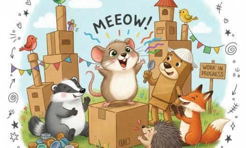 A small round fluffy mouse with bright eyes and fine whiskers, looking joyful and proud, perches on a cardboard crate with one paw raised and mouth open in a big 