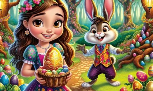 Una niña de 12 años, Clara, con largos cabellos castaños y ojos llenos de curiosidad, se encuentra en el centro de la escena, sonriendo. Lleva un vestido colorido con motivos de flores y sostiene una hermosa cesta de mimbre llena de huevos de Pascua brillantes. A su lado, Benito, un pequeño conejo antropomórfico vestido con un chaleco colorido y un sombrero de paja, la anima con una mirada traviesa y sus grandes orejas en alto. Al fondo, el Bosque de los Huevos Encantados es un lugar mágico, con árboles de troncos multicolores, flores brillantes y ríos de chocolate que serpentean entre los arbustos. Huevos de Pascua relucientes están escondidos entre las hojas, añadiendo un toque de magia al entorno. La escena principal muestra a Clara y Benito descubriendo un misterioso huevo dorado, rodeados de luz brillante, listos para abrirlo y entrar en un mundo mágico.